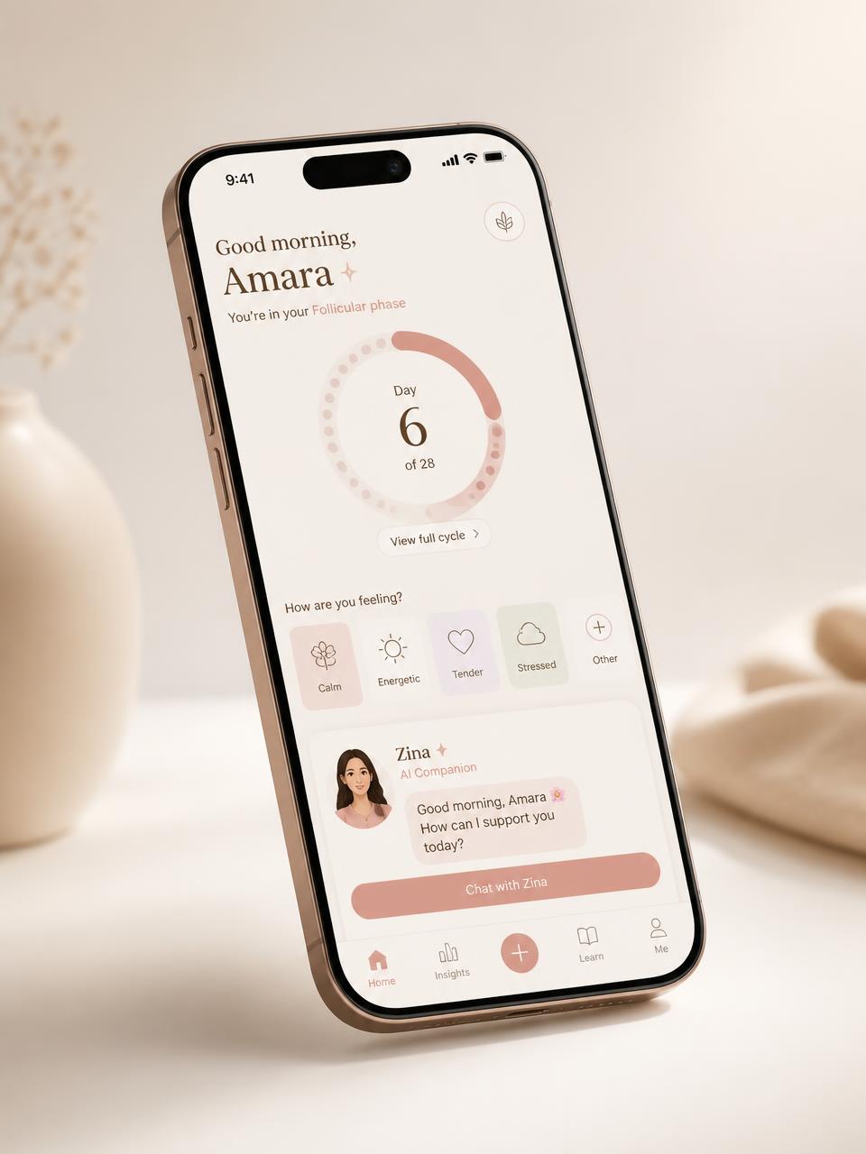 The Xellah app showing a daily check-in, cycle ring, and a gentle message from Zina, the AI companion